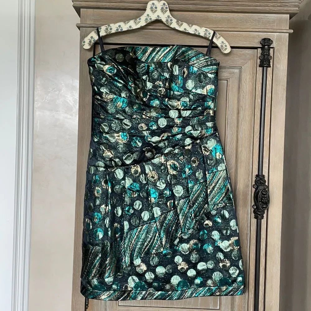 Phoebe Couture metallic teal gold strapless sweetheart mini cocktail dress 6